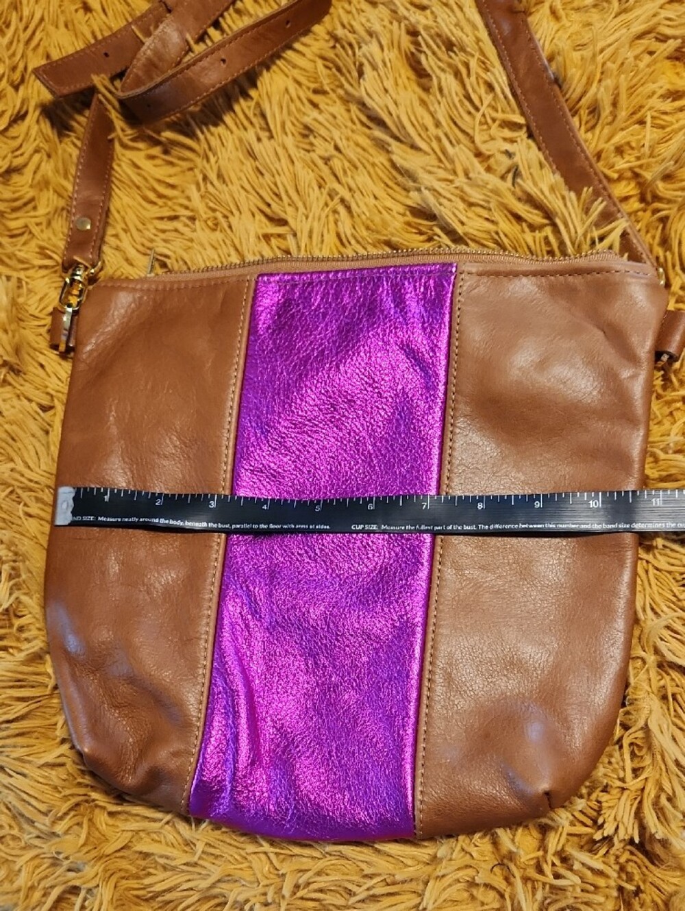 Women's Brown Leather Crossbody Bag with Metallic Pink Accent - Picture 8 of 9